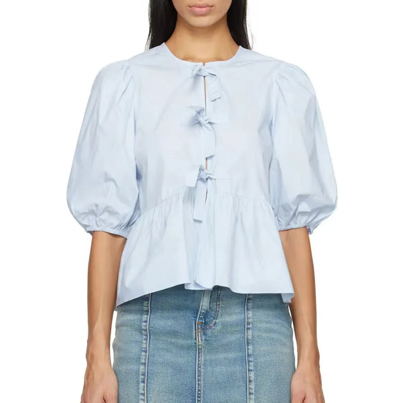 Women's Puff Sleeve Cotton Lace-Up Shirt