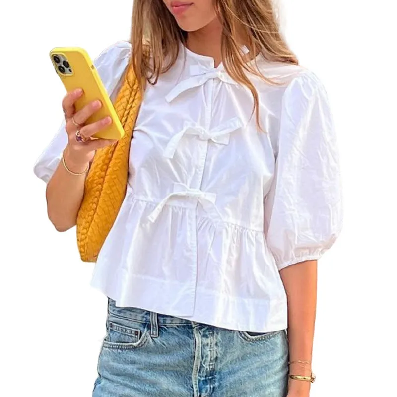 Women's Puff Sleeve Cotton Lace-Up Shirt