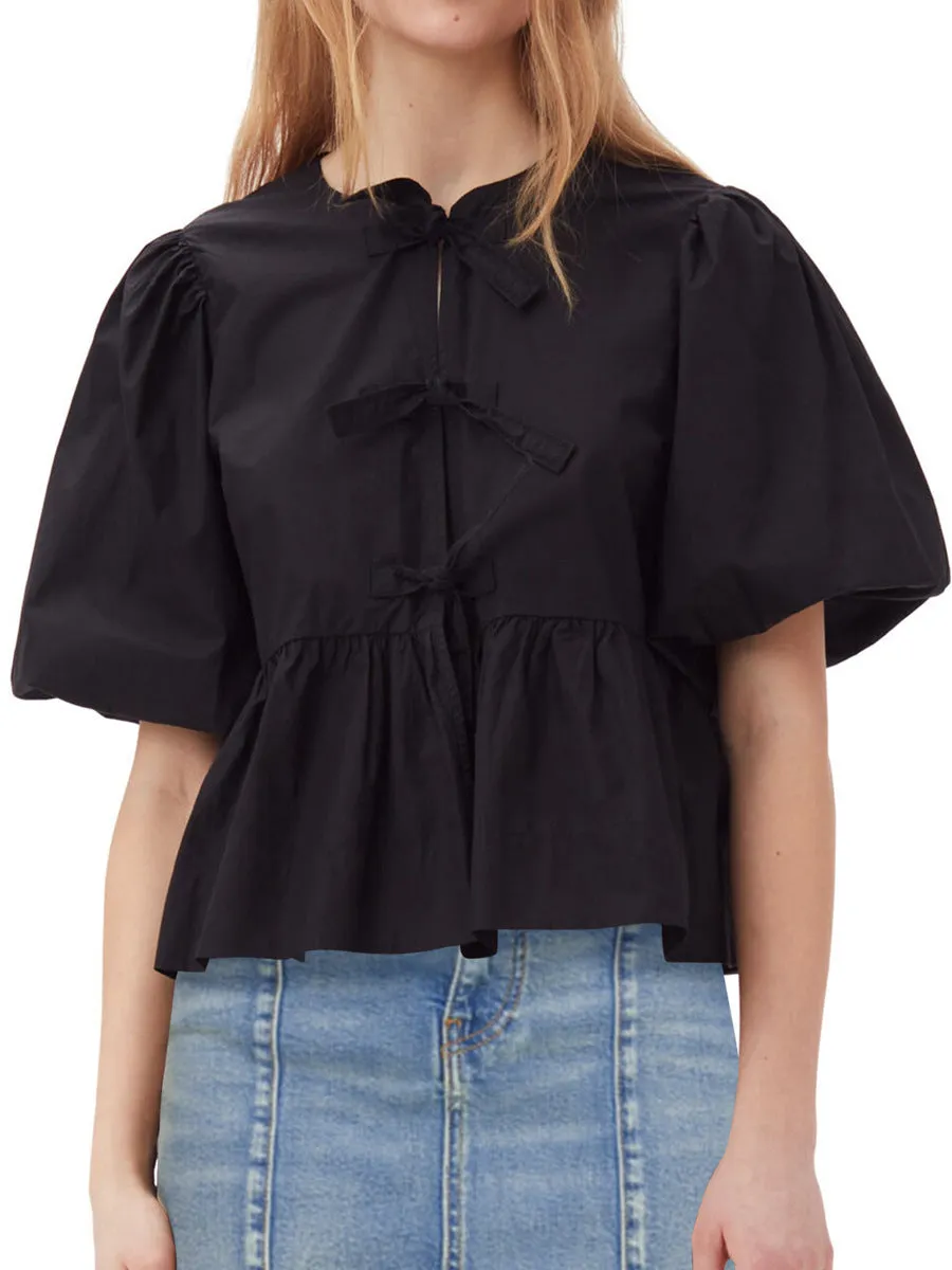 Women's Puff Sleeve Cotton Lace-Up Shirt