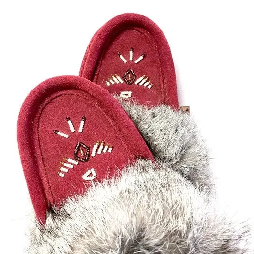 Women's Rabbit Fur Thunderbird Beaded Moccasins Burgundy