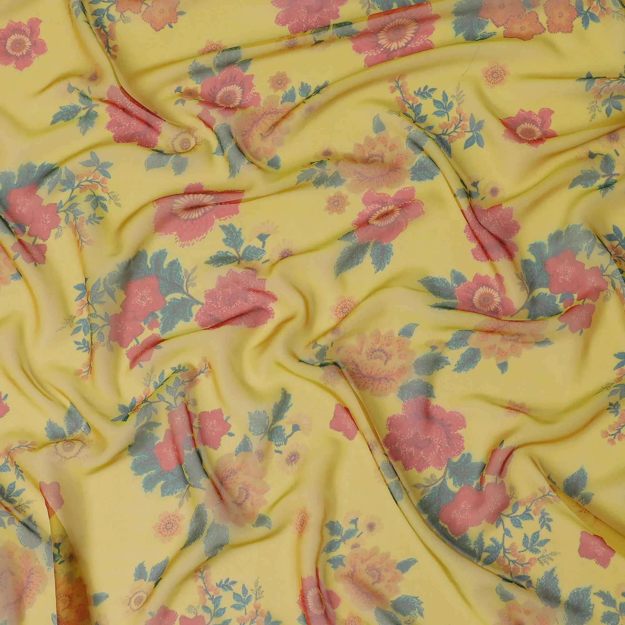 Yellow and Pink Floral Pure Silk Chiffon Fabric, 110 cms, South Korea-D19881