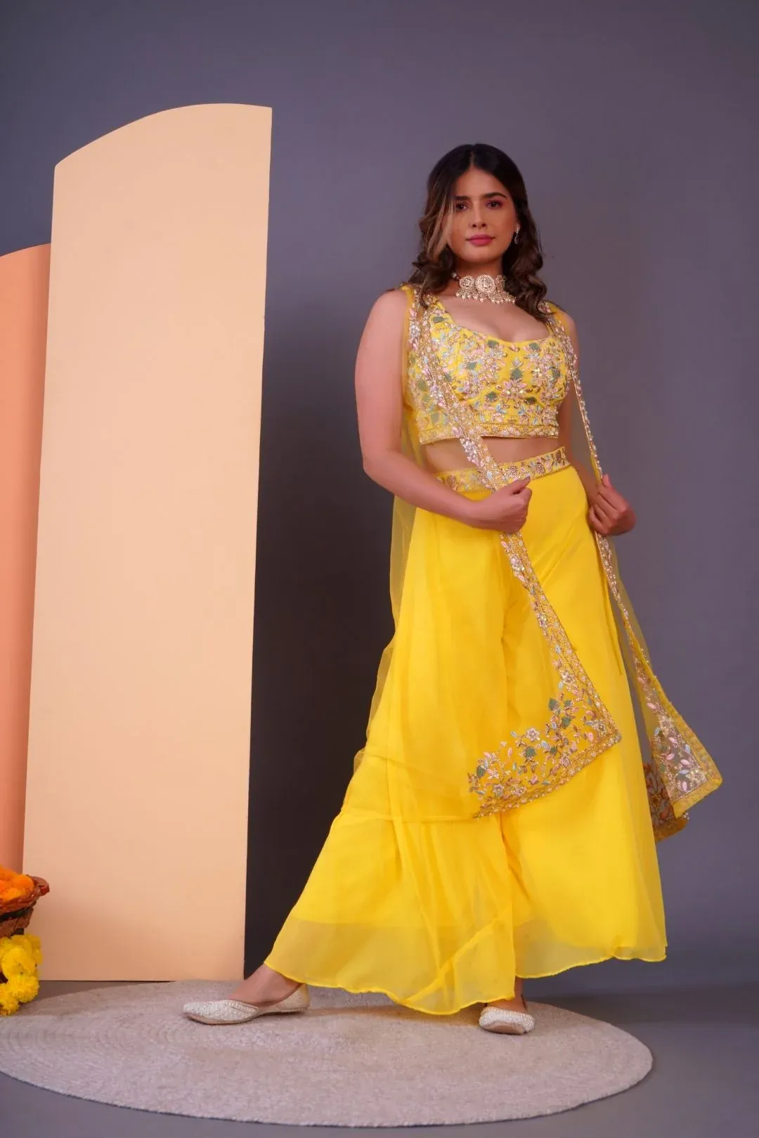 Yellow Embroidered Crop Top & Sharara Set - Rent