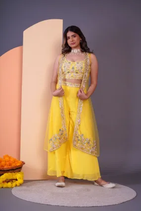 Yellow Embroidered Crop Top & Sharara Set - Rent