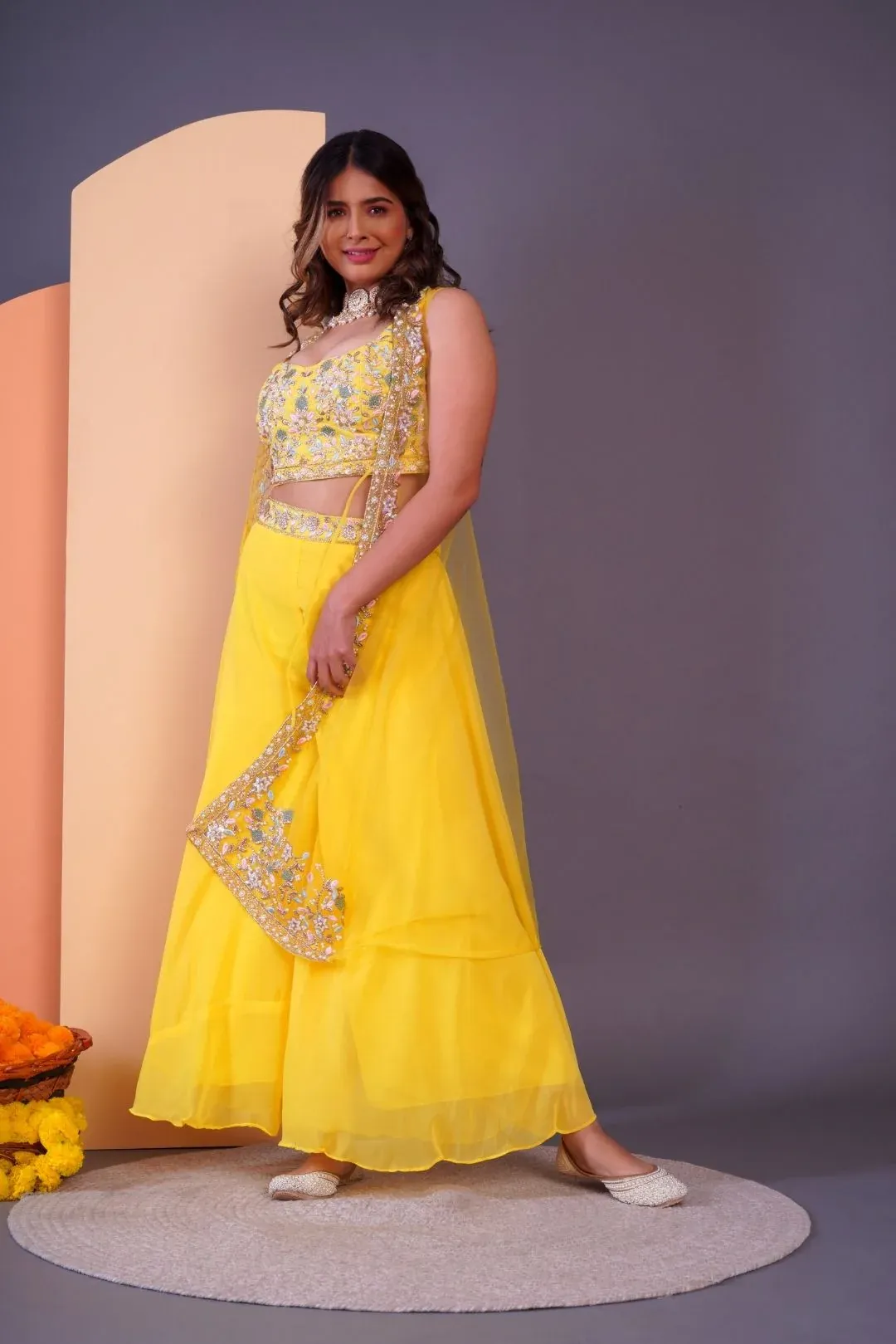 Yellow Embroidered Crop Top & Sharara Set - Rent