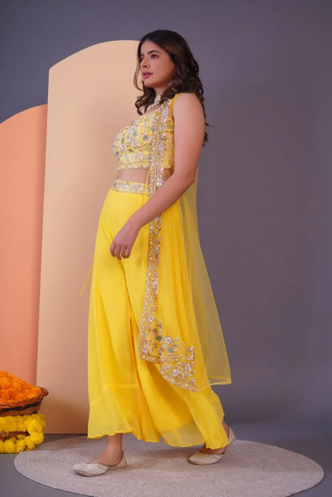 Yellow Embroidered Crop Top & Sharara Set - Rent