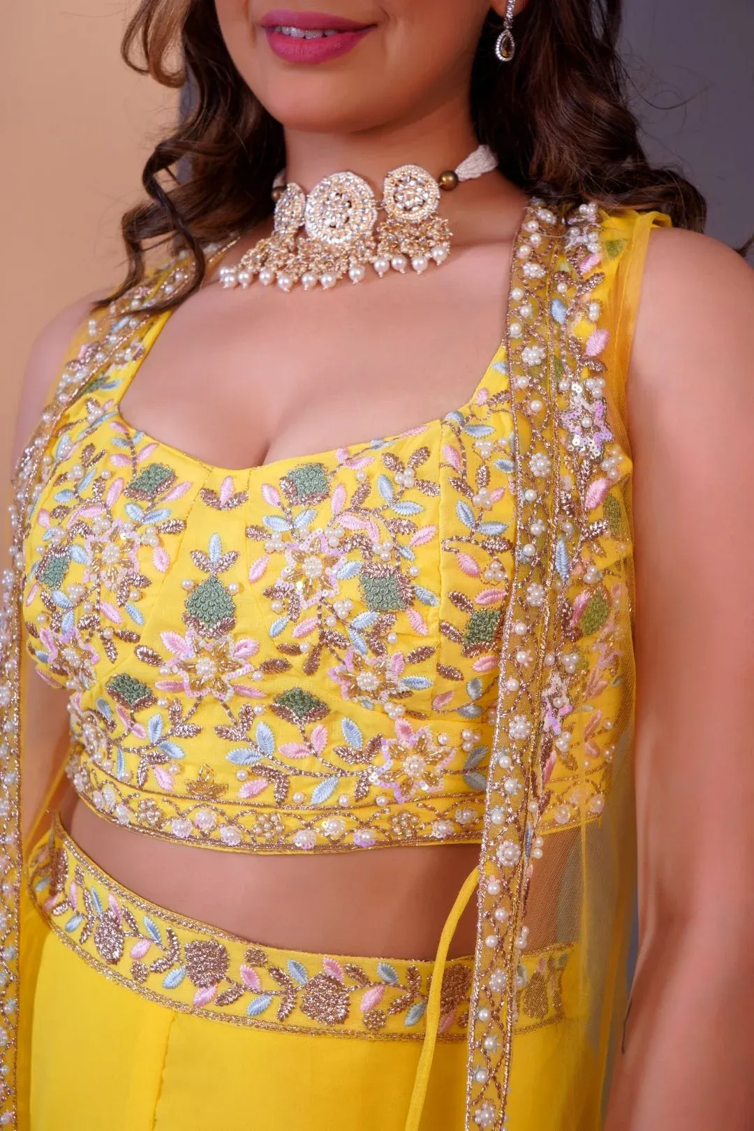 Yellow Embroidered Crop Top & Sharara Set - Rent