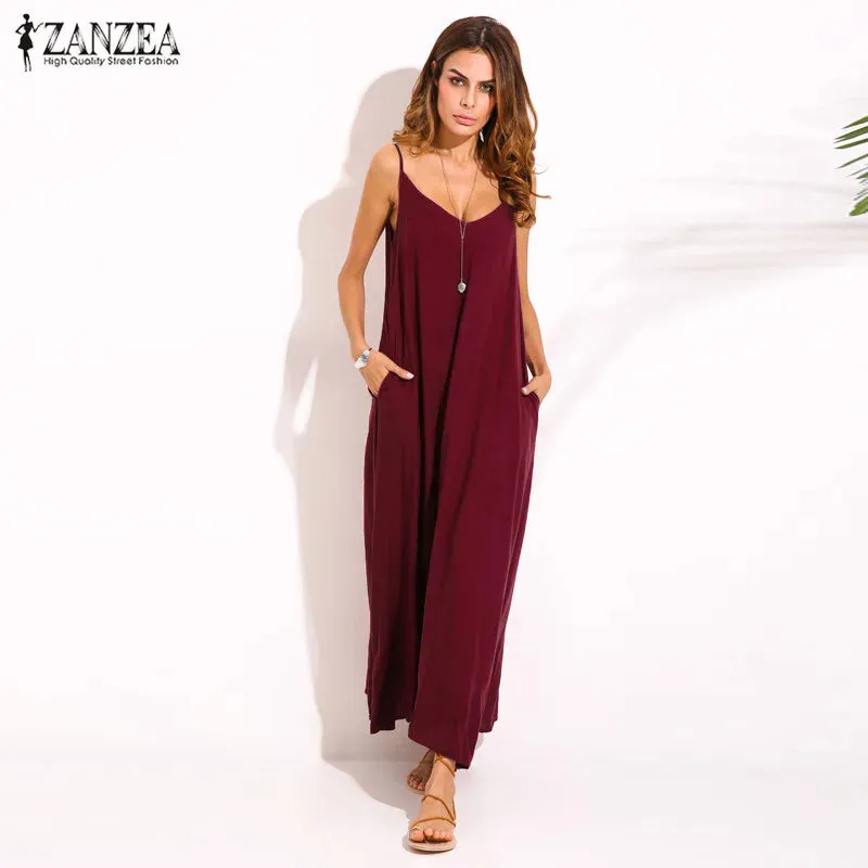 ZANZEA V Neck Sleeveless Casual Loose Long Maxi Dress